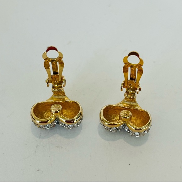 Gold and Crystal heart Clip On Earrings - Picture 3 of 4